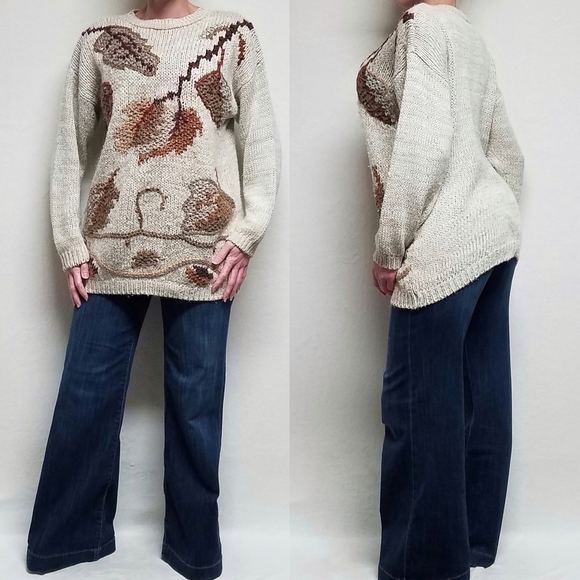 VINTAGE 90s Cabin Creek Beaded Autumn Leaf Loose Knit Textured Pull-over Sweater - Picture 1 of 14